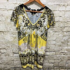 Madison Black Yellow Floral Print Crochet V Neck Beaded Top